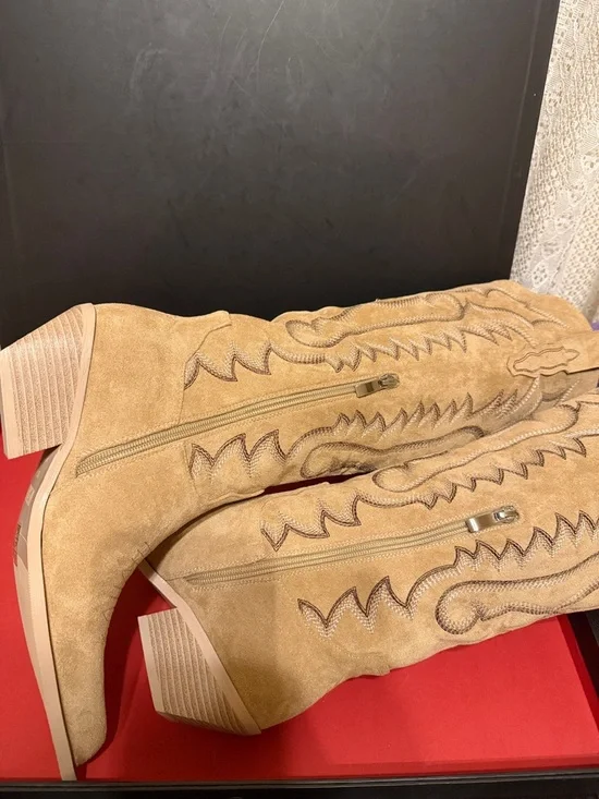 Women's Tan Faux Suede Knee-High Western Heeled Boots - Picture 8 of 9